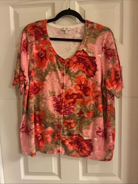 Talbots Pink Floral Button-Front Short Sleeve Cardigan